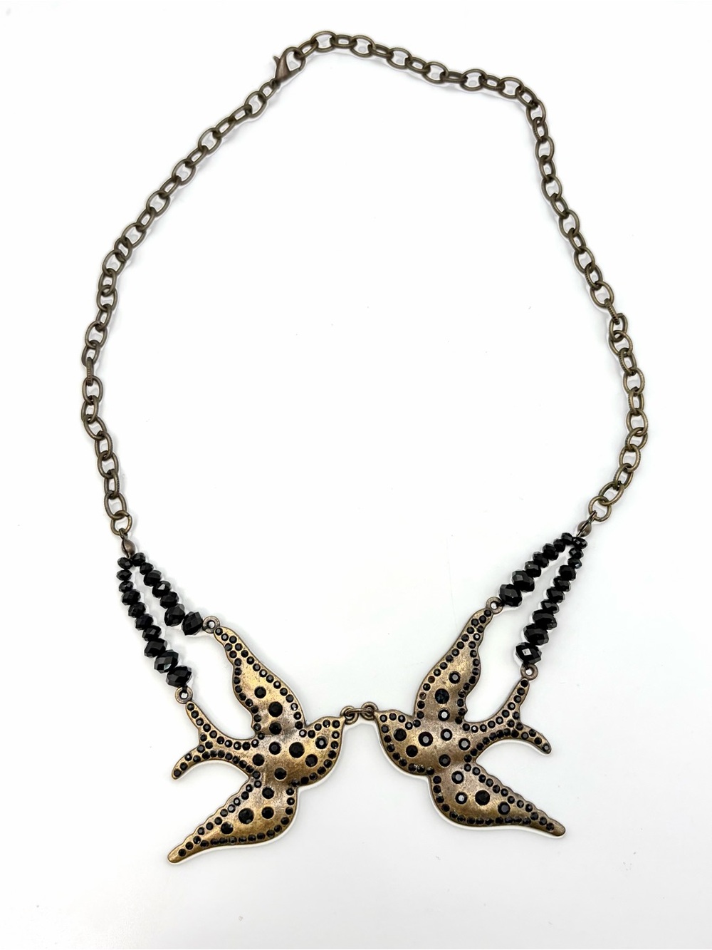 Vintage Style Antiqued Brass Twin Swallow Bird Necklace Black Rhinestone